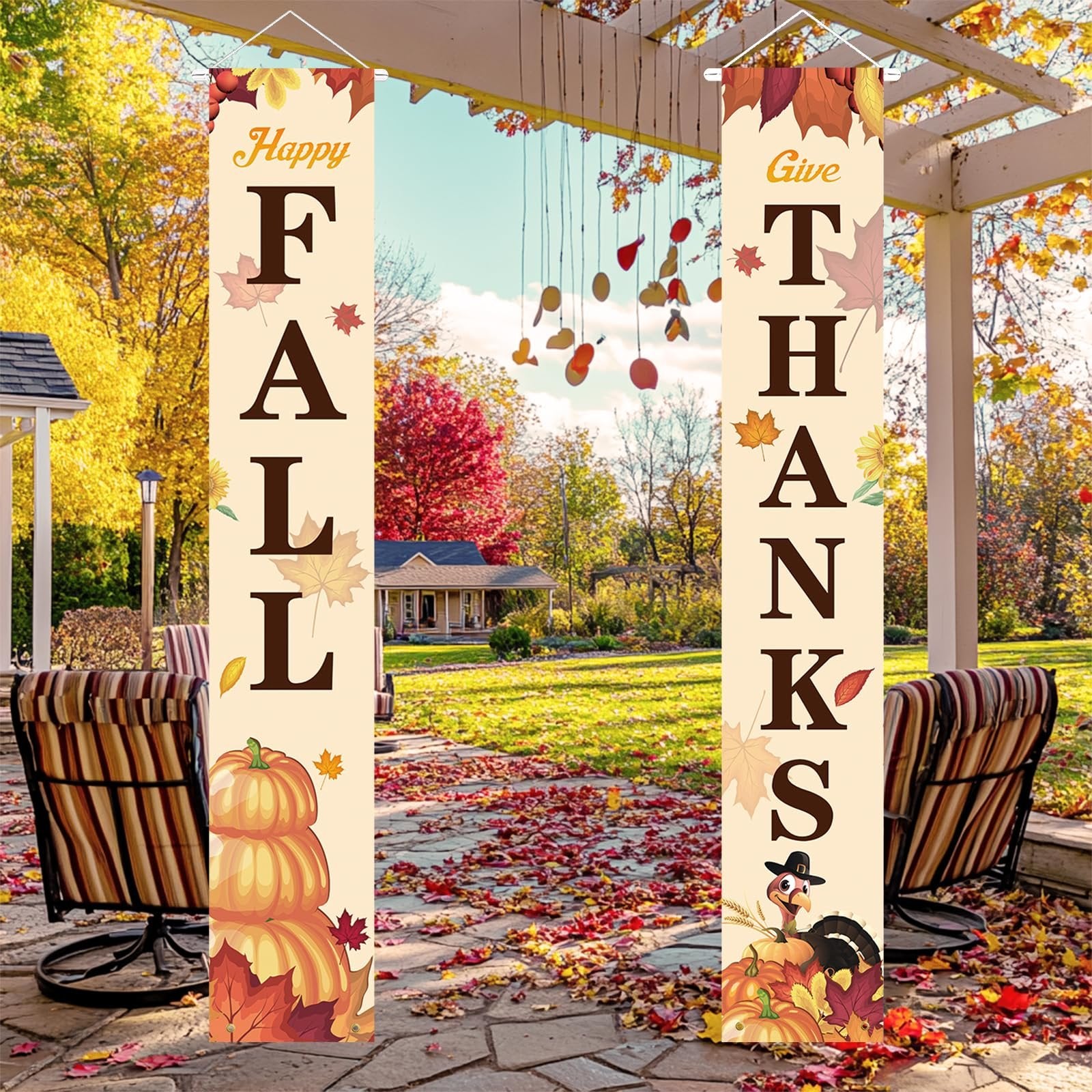 Two fall porch banners, one reads 'Happy FALL' with pumpkins, the other reads 'Give THANKS' with a turkey, displayed outdoors on a patio.
