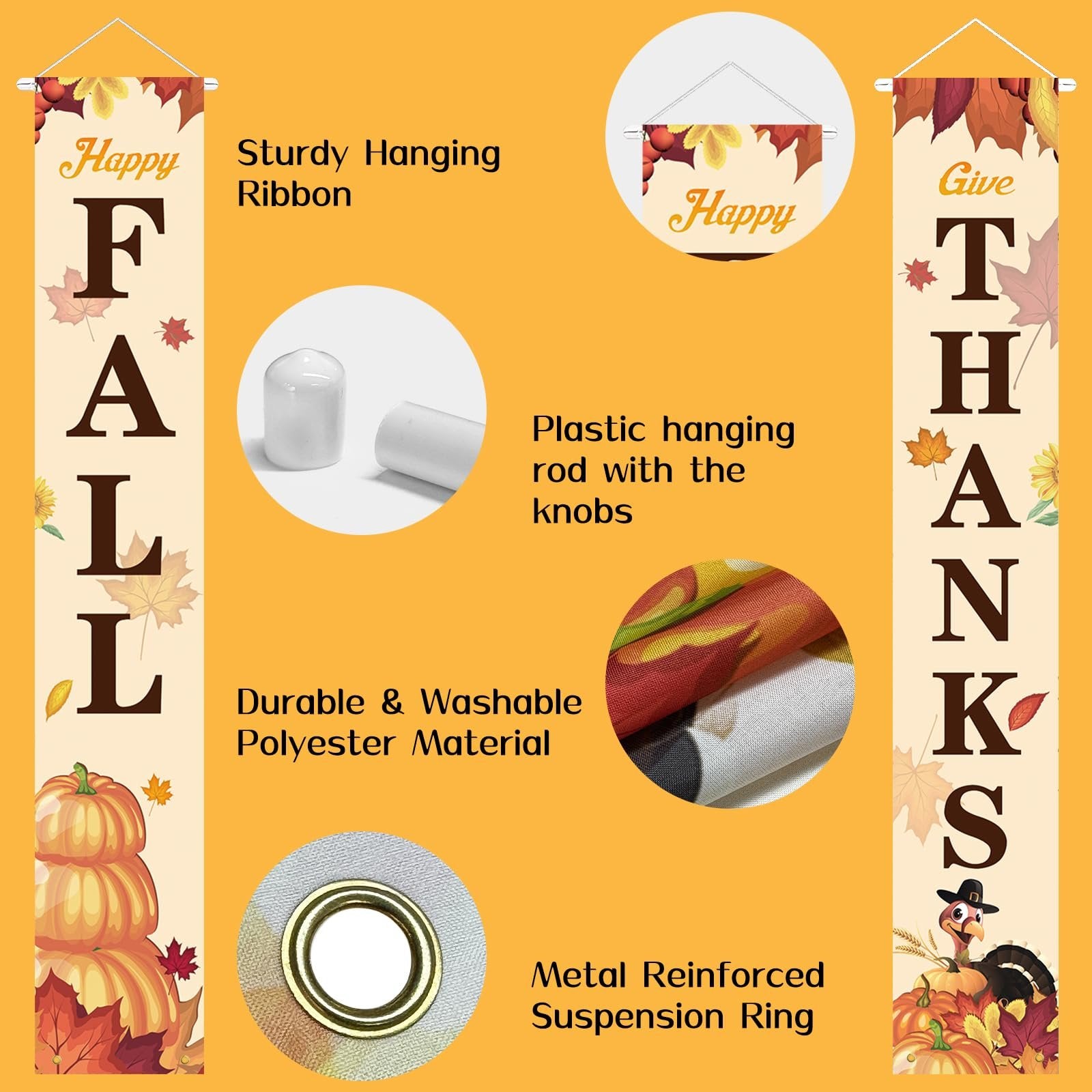 Two fall porch banners, one reads 'FALL' and the other 'THANKS', with autumn graphics and product feature callouts.