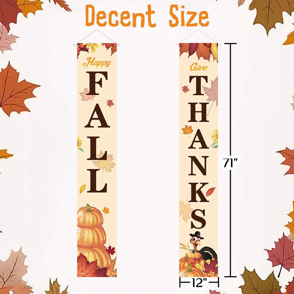 Two fall porch banners, one reads 'Happy FALL' with pumpkins, the other reads 'Give THANKS' with a turkey, dimensions shown as 71" x 12".