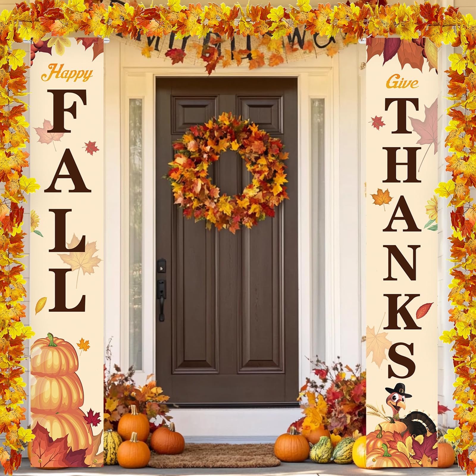 Two-piece fall porch banner set with 'FALL' on one and 'GIVE THANKS' on the other, decorated with pumpkins, leaves, and a turkey.