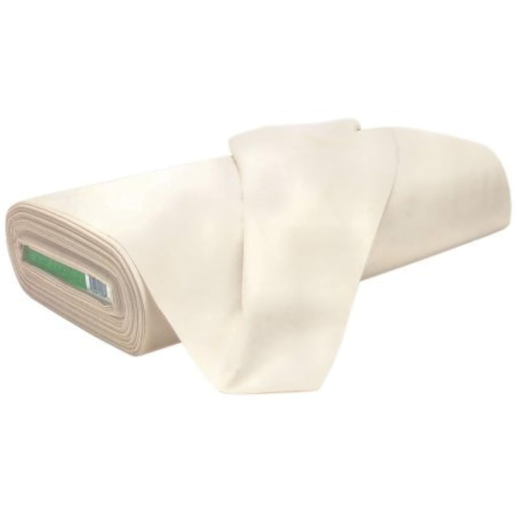 Rolled unbleached natural muslin fabric, medium weight, 63 inches wide, 10 yards, on a white background.