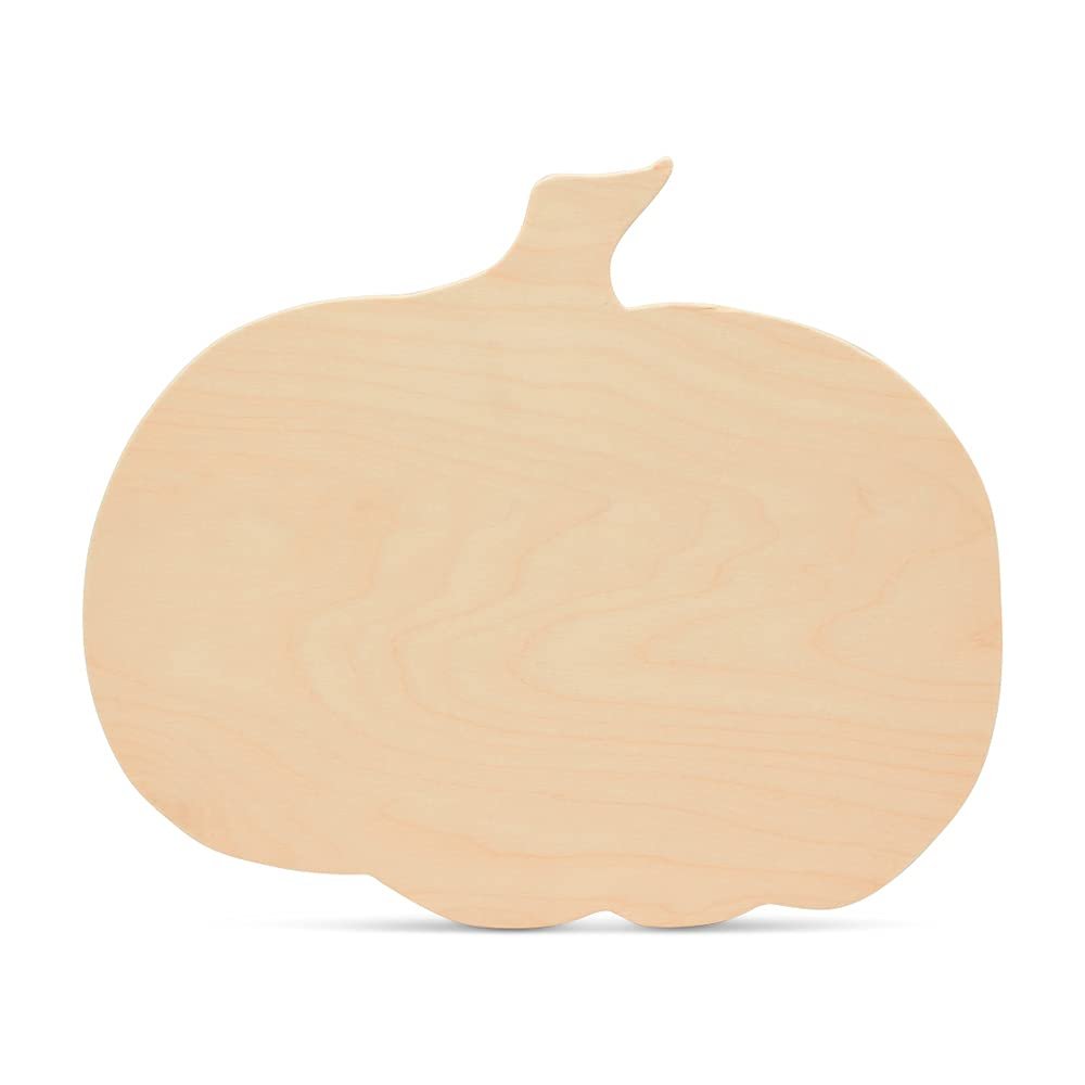 Unfinished birch plywood pumpkin cutout, front view, isolated on white background.