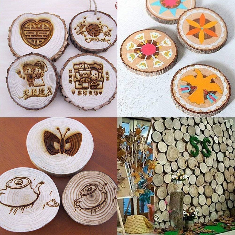 Collage of unfinished wood slices with various pyrography designs and painted patterns, plus a rustic wood slice wall display.