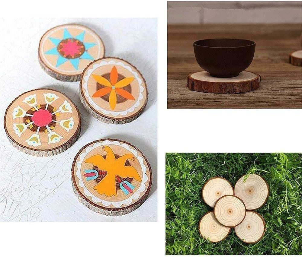 Assortment of natural pine wood slices with bark, some decorated with colorful folk art designs, on a white surface and green grass, one slice holds a dark bowl.