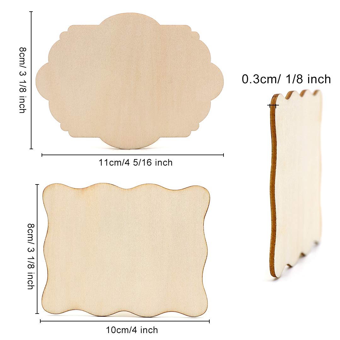 Two unfinished wood ornaments with dimensions indicated, shown from top and side views.