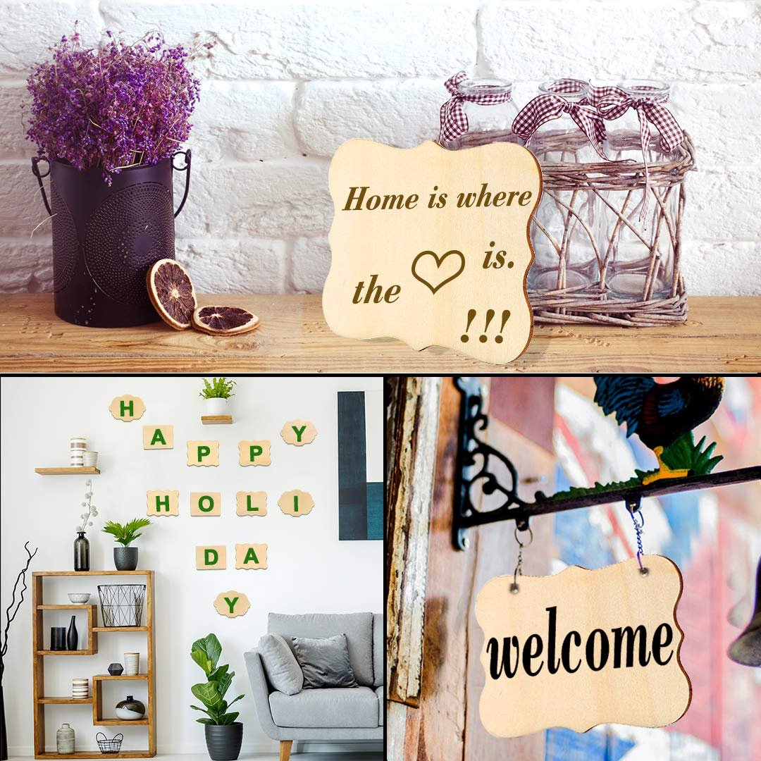 Collage of unfinished wood crafts: a sign saying 'Home is where the heart is', wooden letters spelling 'HAPPY HOLIDAY', and a 'welcome' sign.