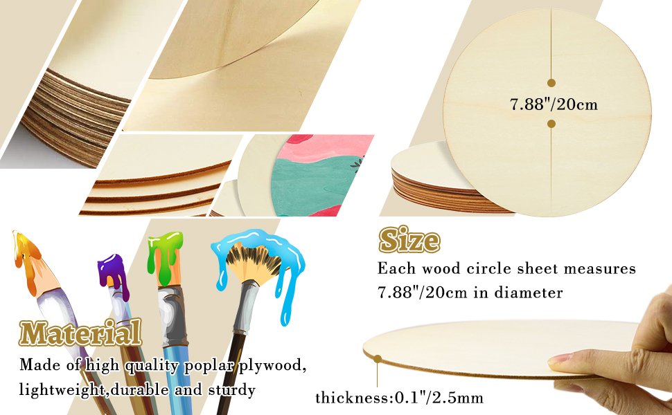 Stack of unfinished wood rounds with close-ups showing edges, a painted round, and a hand holding one round. Text details size and material.