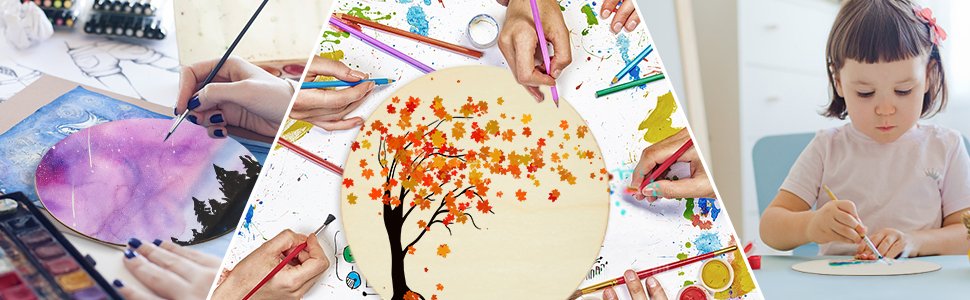 Collage of people painting and a child painting on unfinished wood rounds