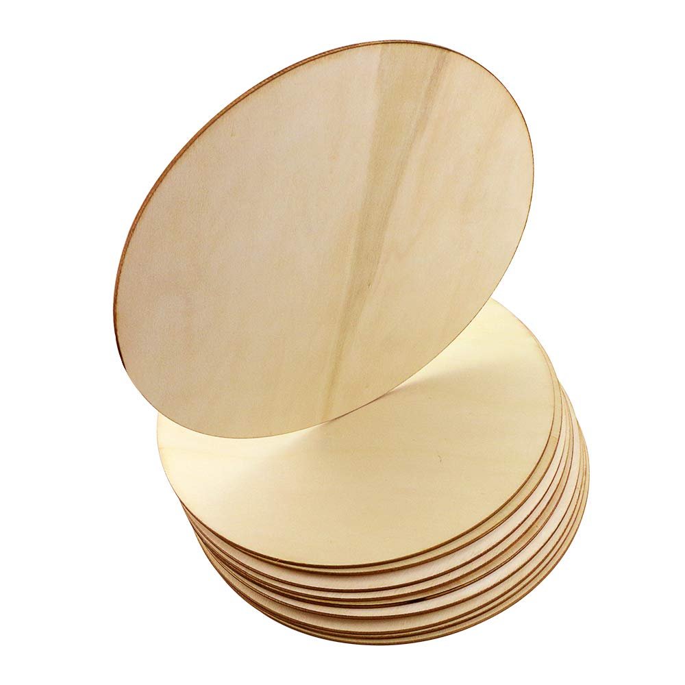 Stack of 8-inch unfinished wood round circles for crafts, smooth poplar plywood surface