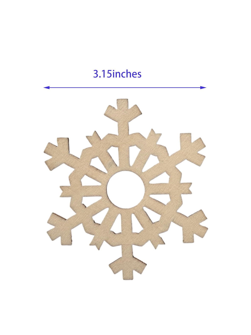 Unfinished wooden snowflake cutout with a blue dimension line indicating 3.15 inches