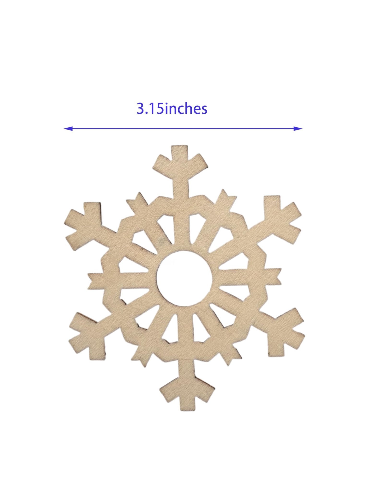 Unfinished wooden snowflake cutout with a blue dimension line indicating 3.15 inches