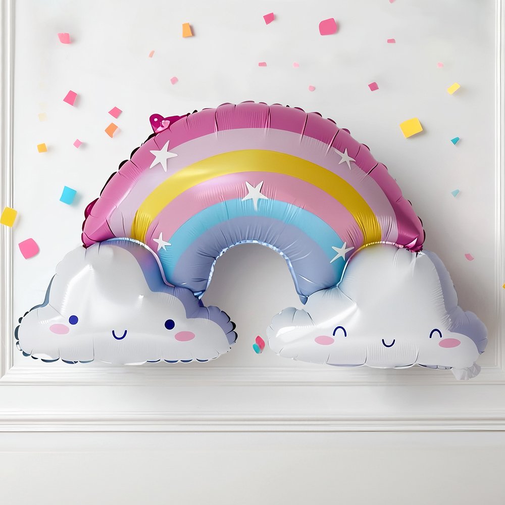 Rainbow and cloud balloons with confetti on a white wall, suitable for a 5th birthday party.
