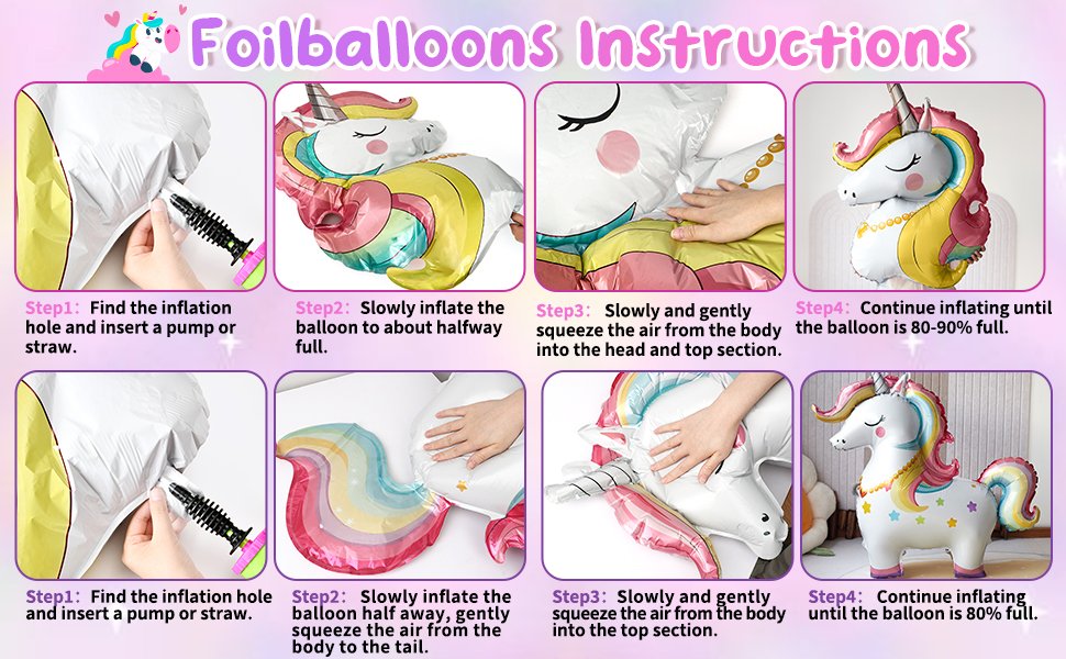 Unicorn foil balloon inflation instructions with four steps shown in two rows, demonstrating how to inflate the balloon.