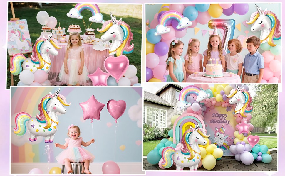Collage of unicorn-themed birthday party decorations including balloons, a cake, and children celebrating.