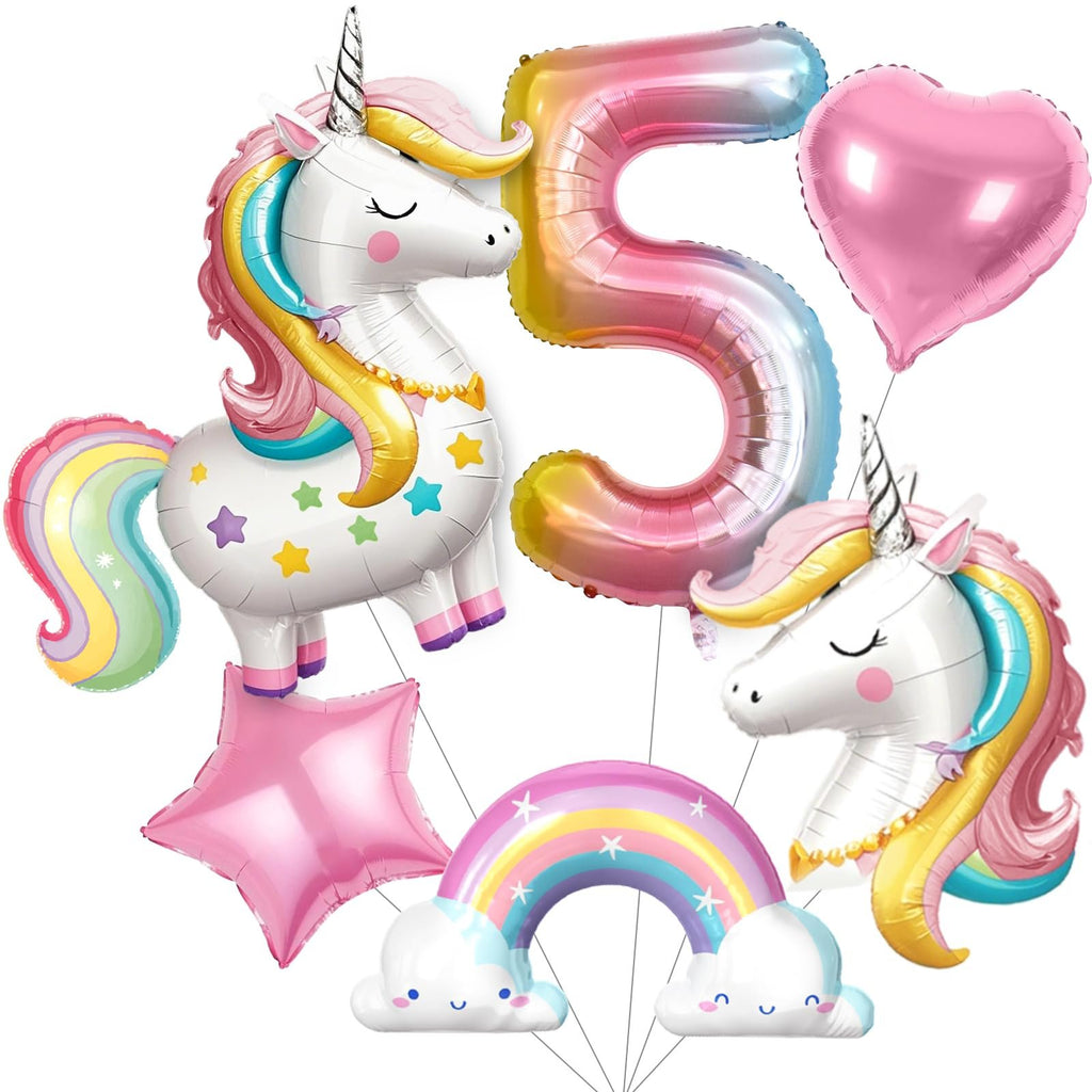 Unicorn and number 5 balloons for a 5th birthday party, including a rainbow, heart, and star balloon.