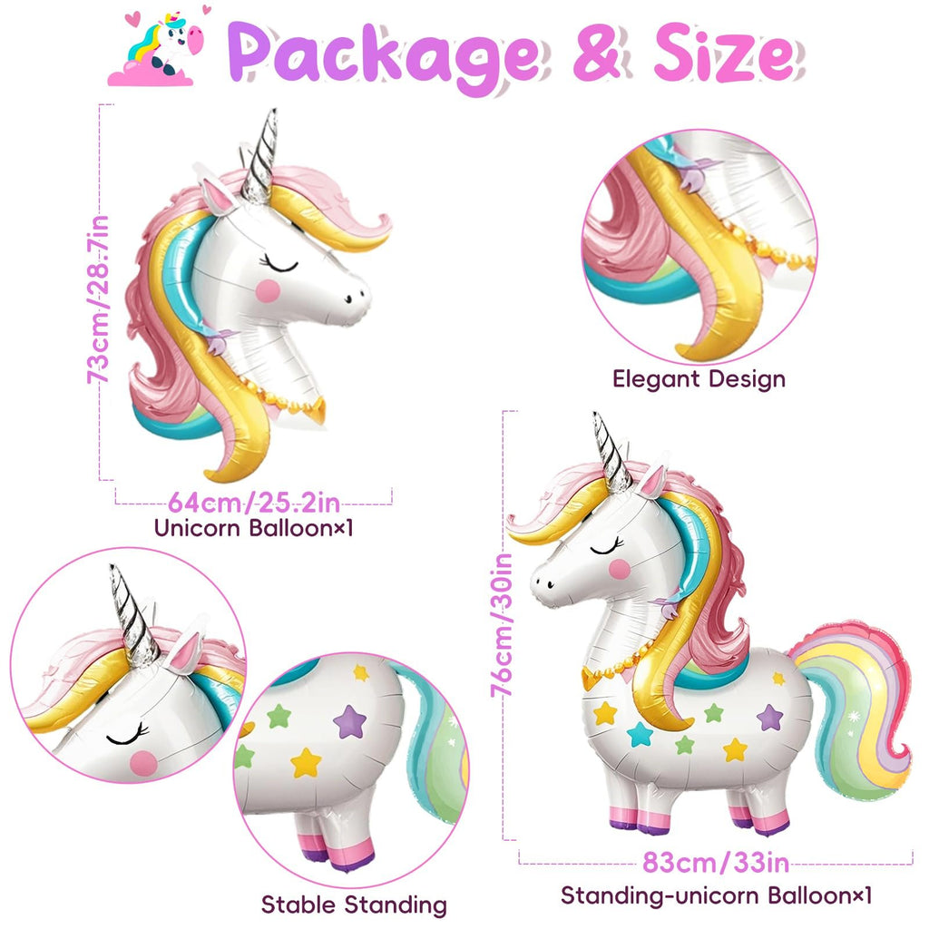 Two inflatable unicorn balloons shown with dimensions and close-ups of design details.