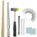 Ring sizer kit including a wooden mandrel, metal ring sizer gauge, rubber mallet, measuring strips, and polishing cloths.