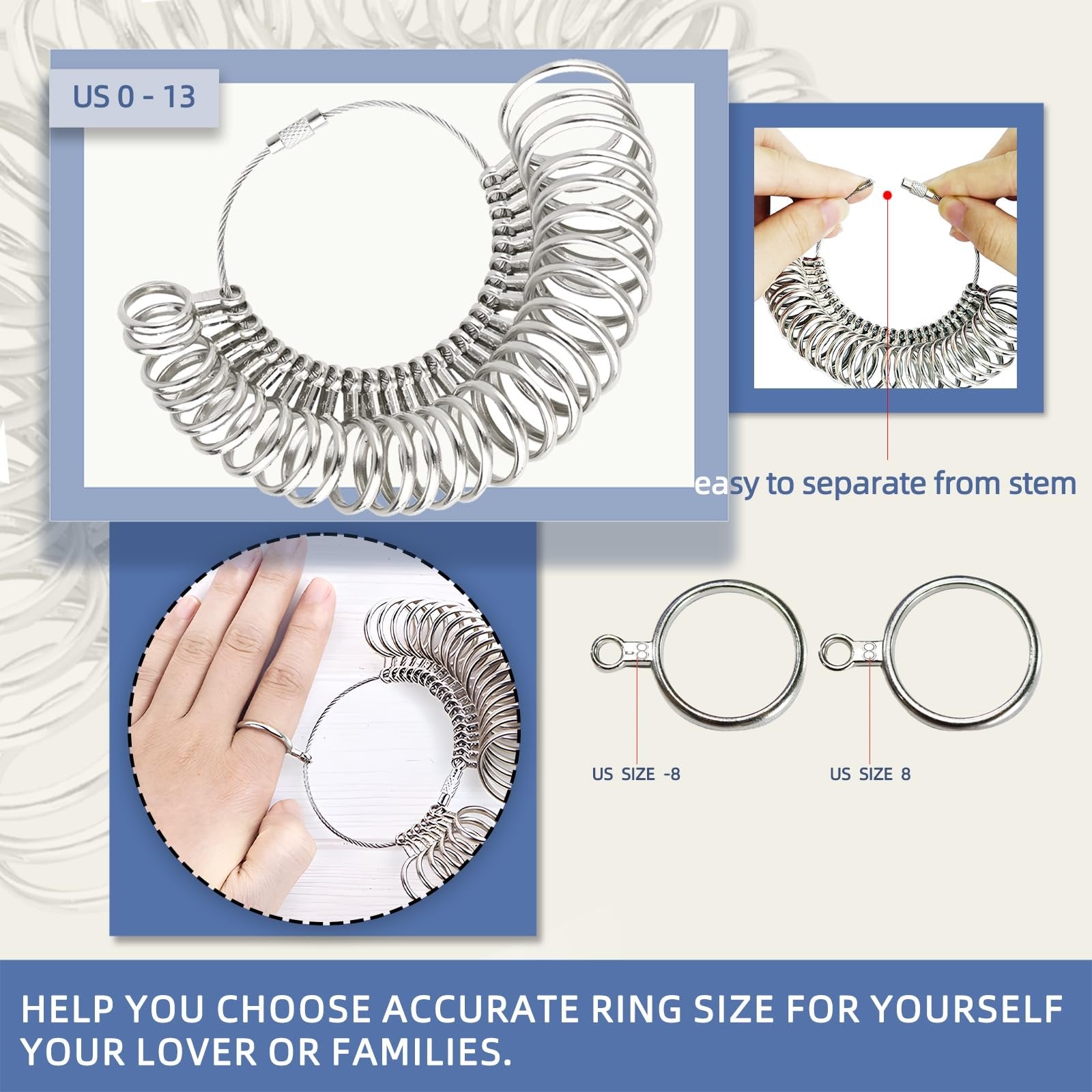 Ring sizer set with US sizes 0-13, shown on a wire loop and with individual rings labeled.