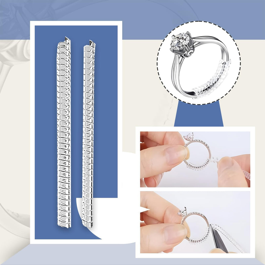 Two clear ring sizer inserts with size markings, shown on a blue background. A diamond ring with a sizer insert is shown in a circle, and two close-ups show hands applying the sizer to a ring.