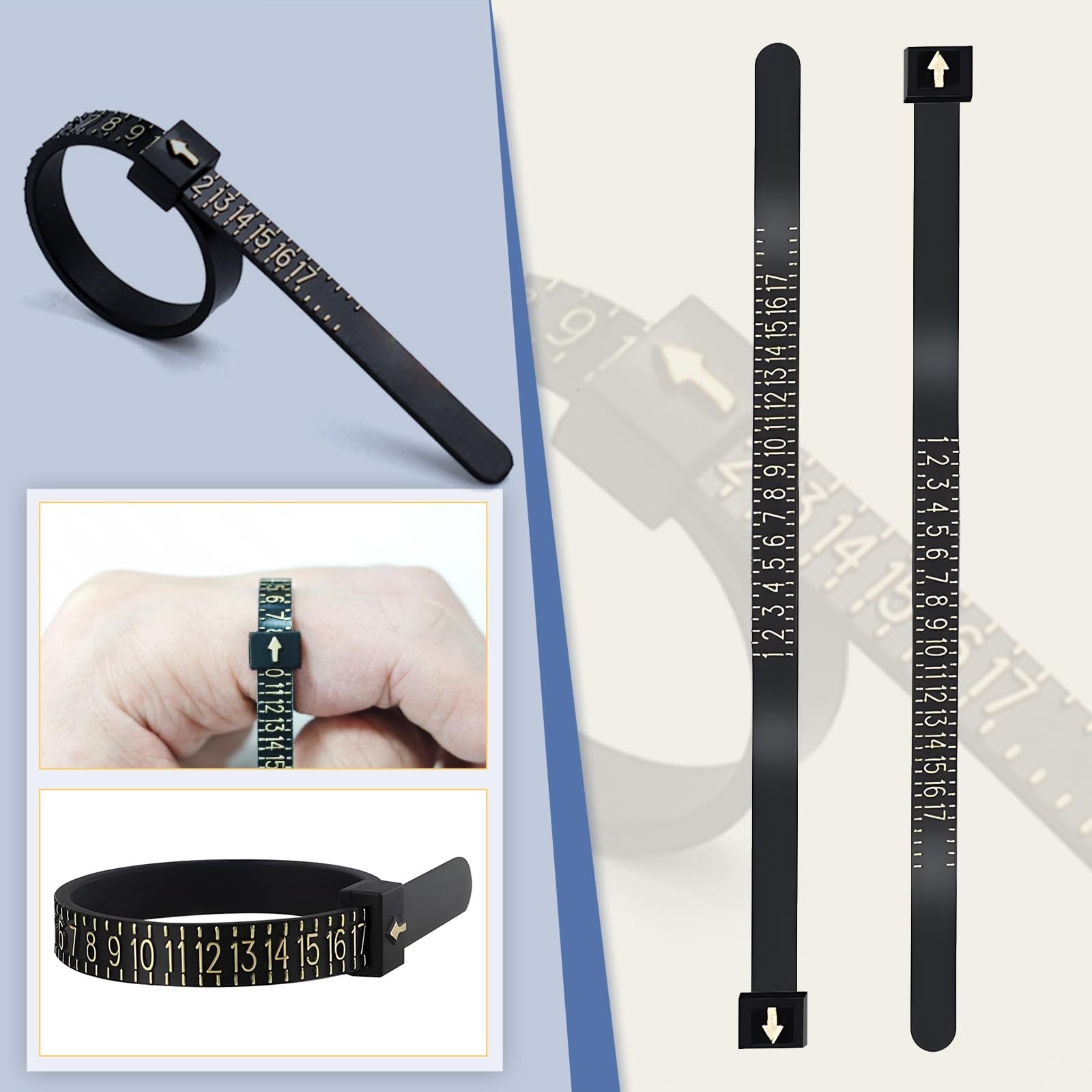 Ring sizer mandrel kit with two black sizers showing numerical measurements and markings, one on a hand.