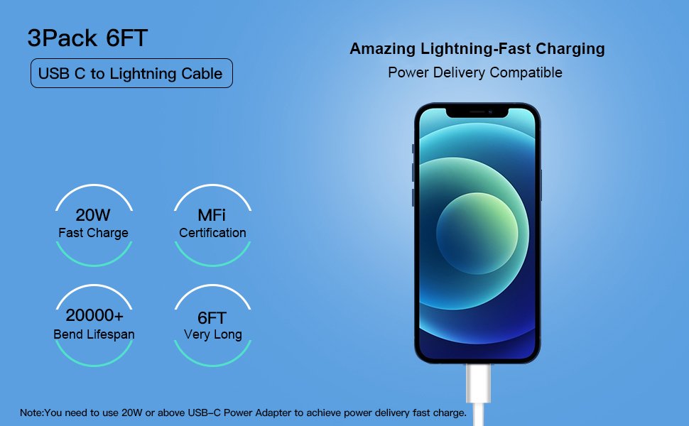 USB-C to Lightning cable shown charging a smartphone, with feature callouts for fast charging and durability.