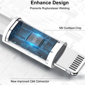 Close-up of a white USB-C to Lightning cable connector with MFi Certified chip graphic and text callouts.