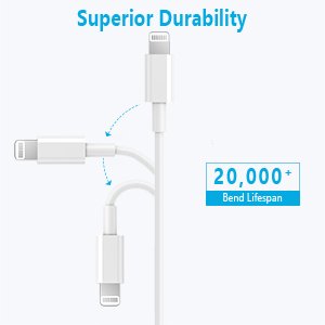 Three white USB-C to Lightning cables shown from different angles, highlighting bend durability.