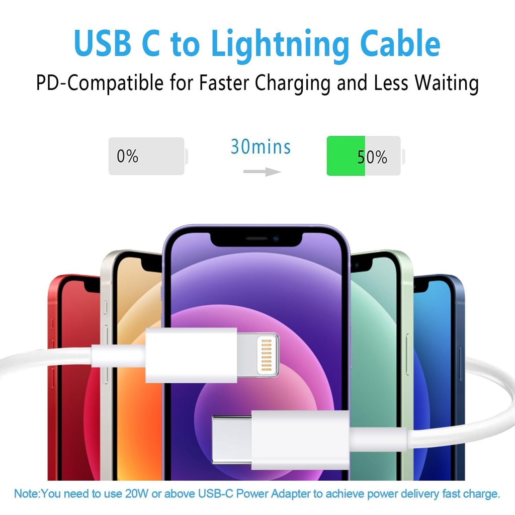 USB-C to Lightning cable connecting to multiple iPhones, showing charging speed comparison.