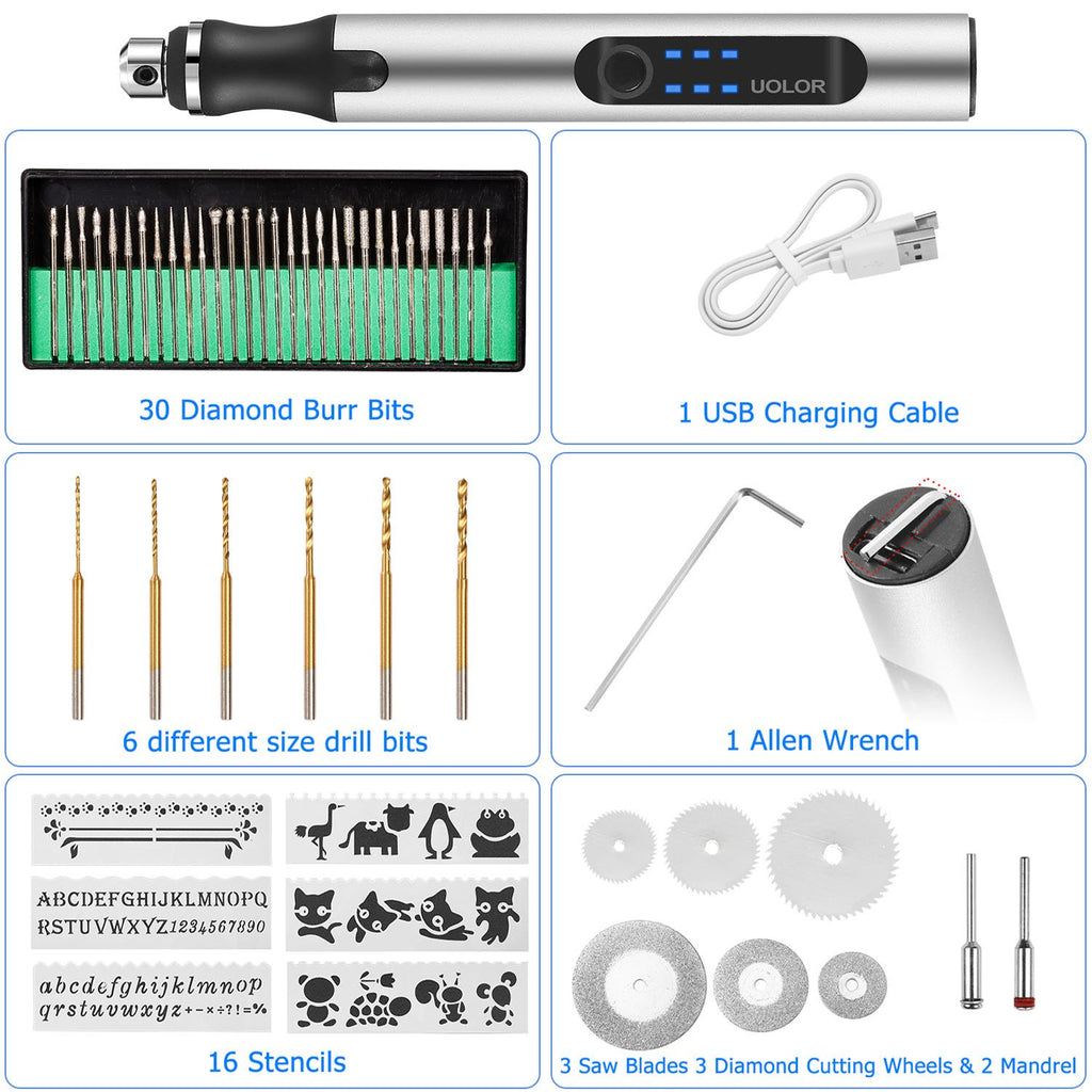 Engraving tool kit with rotary tool, USB cable, Allen wrench, drill bits, diamond burr bits, cutting wheels, and stencils.