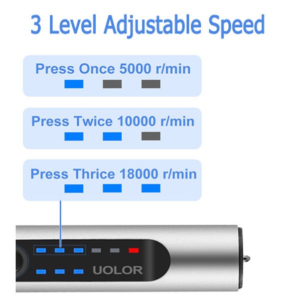 Engraving pen showing 3 speed settings: 5000, 10000, and 18000 r/min, with indicator lights.