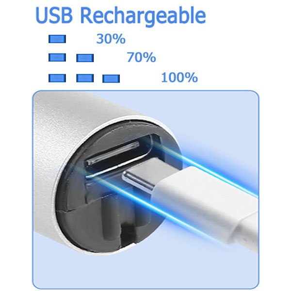 Close-up of a USB-C charging port on a silver engraving pen with a cable inserted, showing charging indicators.