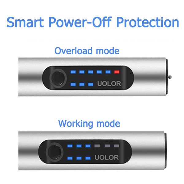 Close-up of a silver engraving pen showing two modes: overload and working, with LED indicators and the brand name.