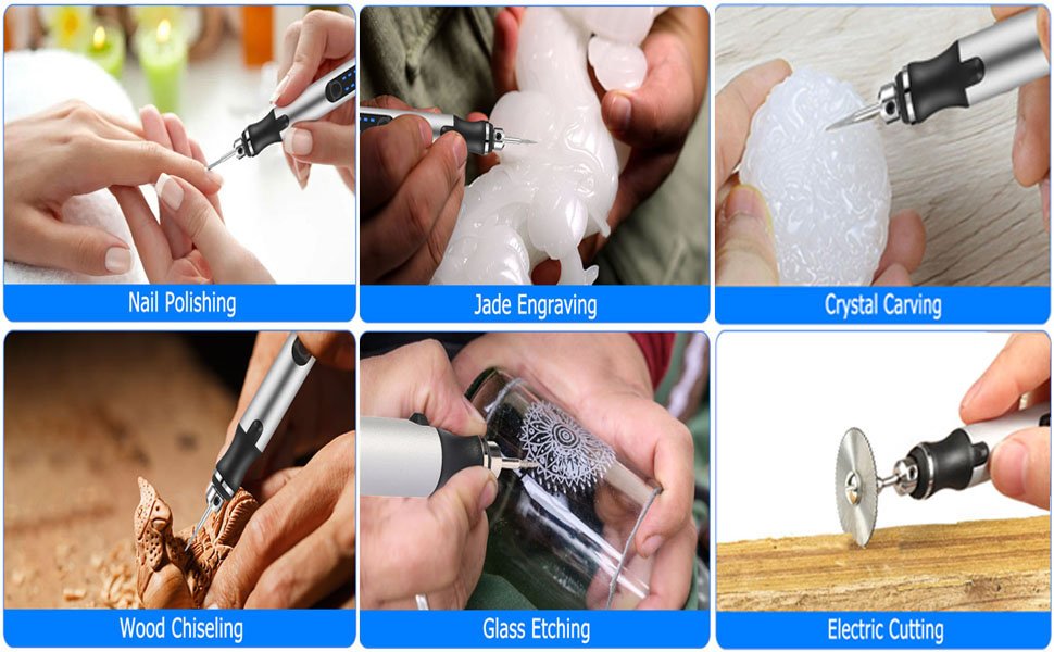 Collage of six images showing a cordless rotary tool in use for nail polishing, jade engraving, crystal carving, wood chiseling, glass etching, and electric cutting.