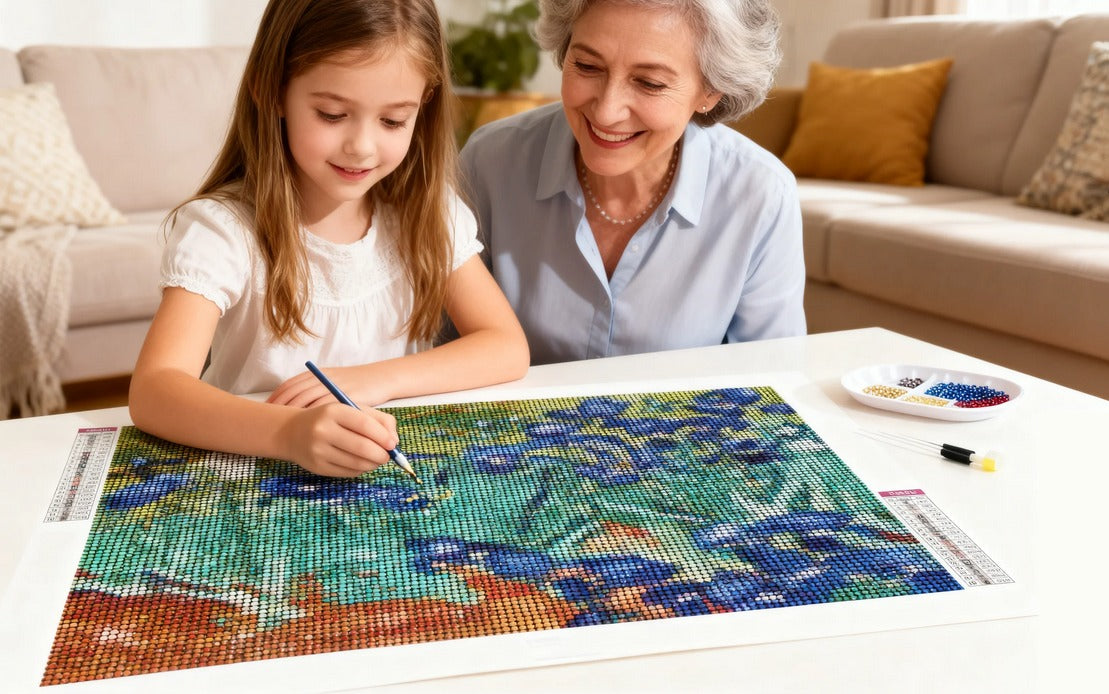 Grandmother and granddaughter working on a Van Gogh Irises diamond painting kit at a table.
