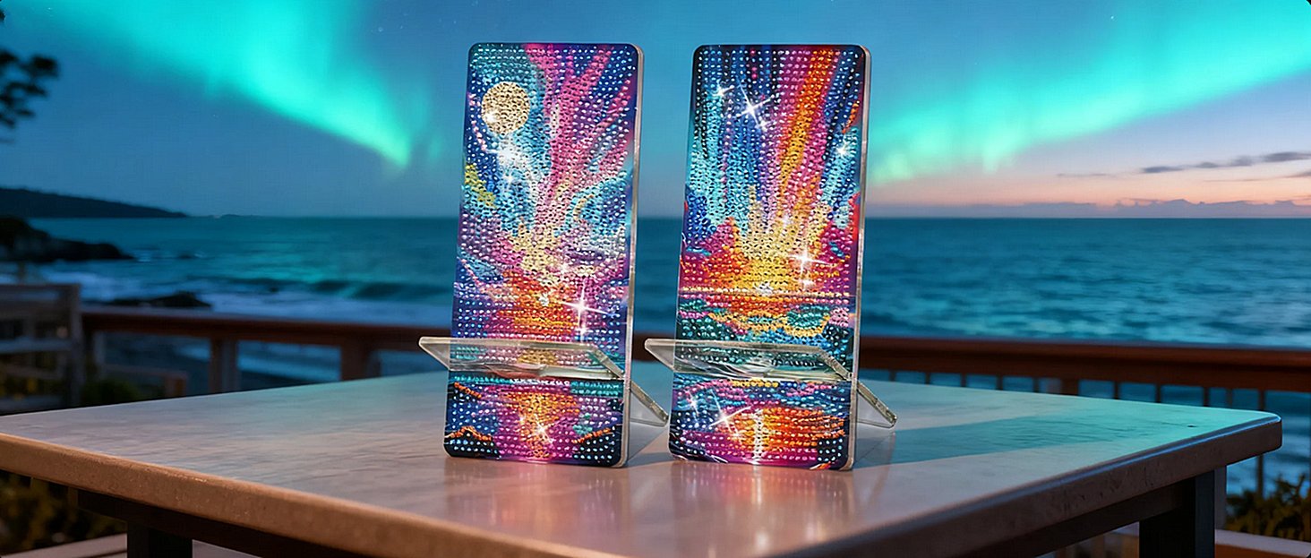 Two diamond art paintings of a colorful aurora borealis over the ocean, displayed on a table at dusk.