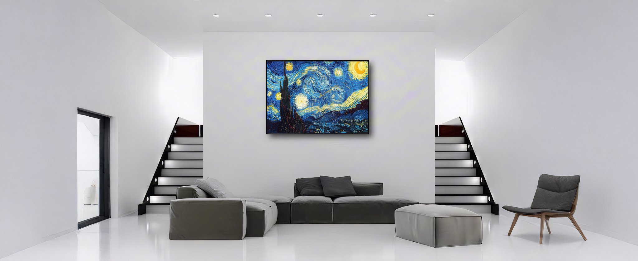Modern living room with a framed Starry Night painting above a sectional sofa and ottoman.