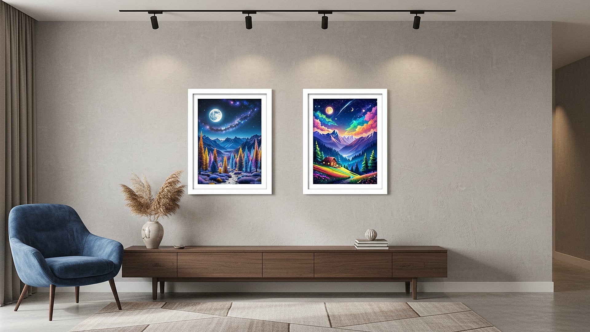 Two framed diamond art paintings of colorful mountain landscapes with starry skies, displayed on a wall above a credenza.