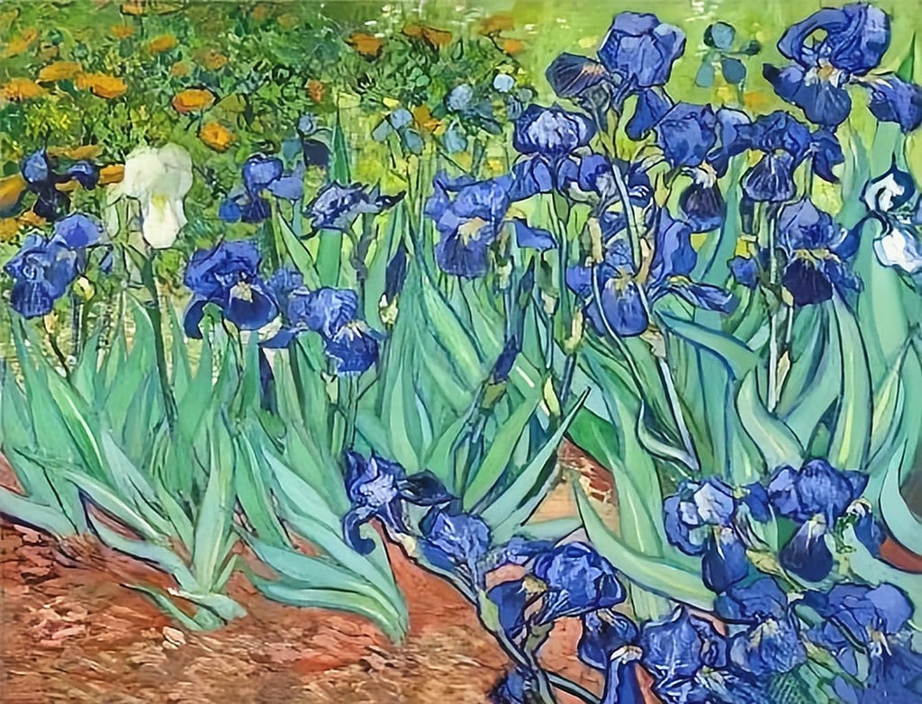 Van Gogh Irises painting with blue and white irises and yellow flowers in the background.