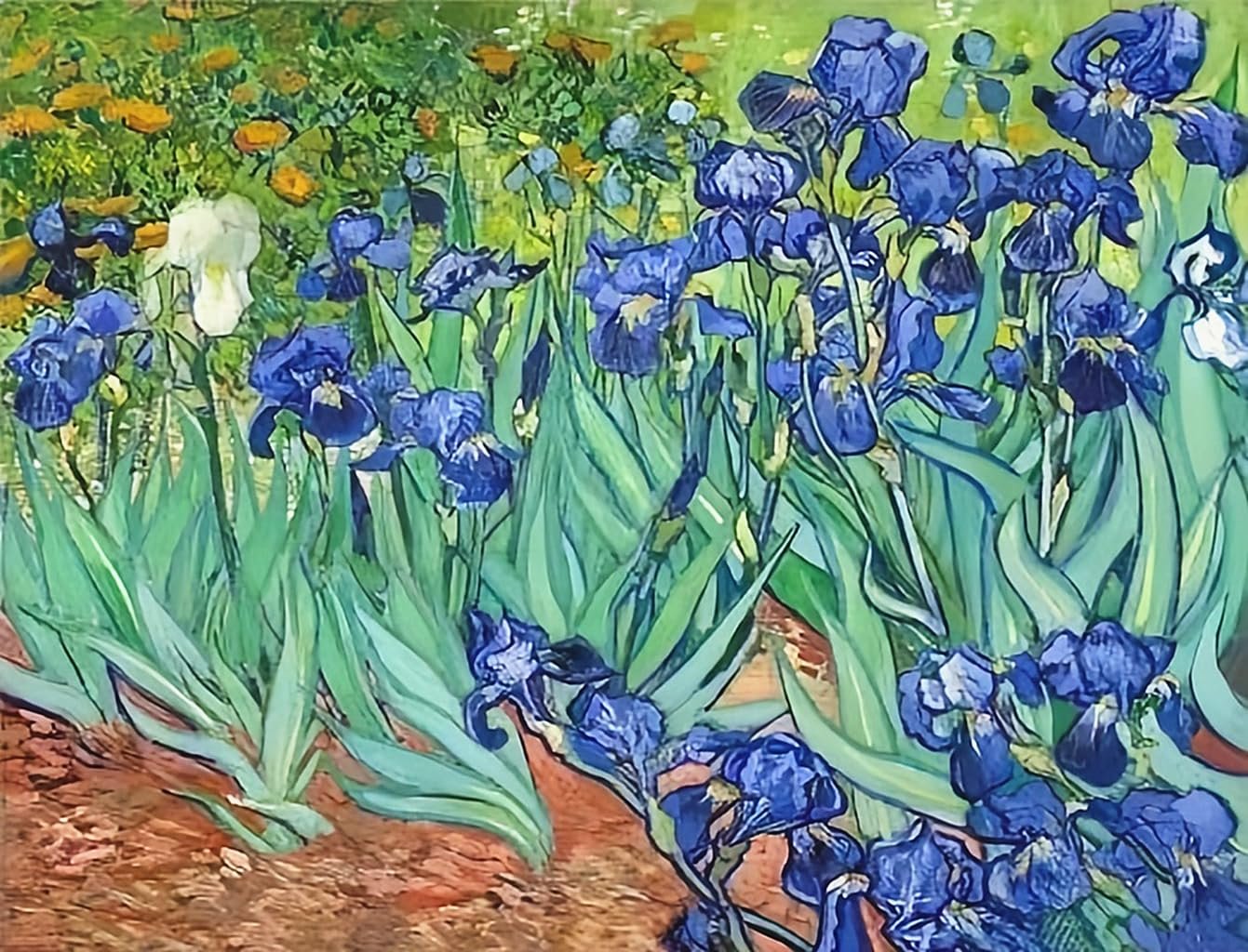 Van Gogh Irises painting with blue and white irises and yellow flowers in the background.
