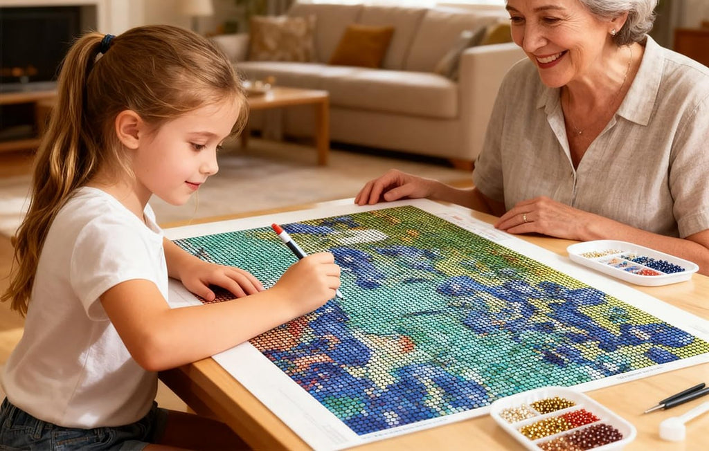 Grandmother and granddaughter doing a diamond painting kit of Van Gogh's Irises