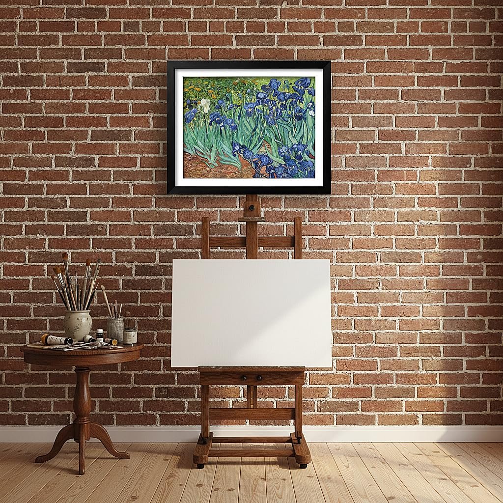 Diamond painting kit displayed on an easel in an artist's studio setting with brick wall background