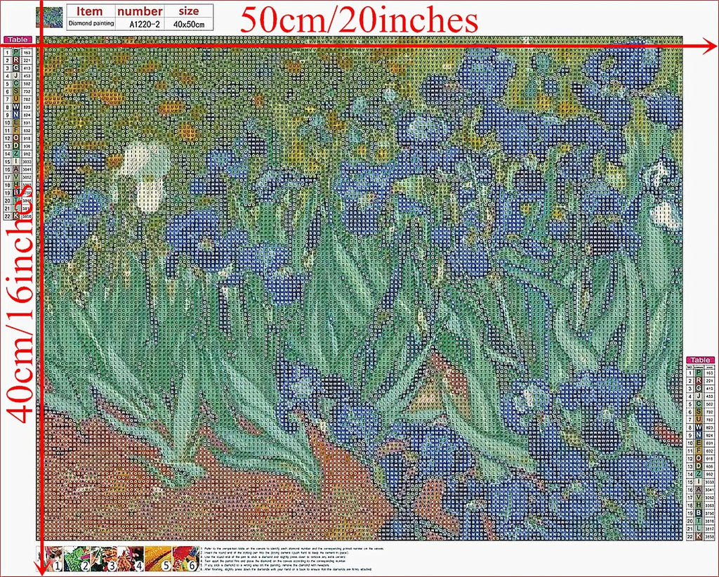 Van Gogh Irises diamond painting kit canvas with color chart and size indicators, 40x50cm