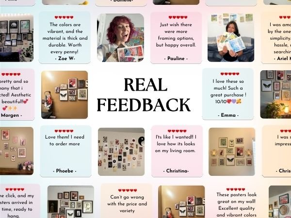 Collage of customer reviews and photos of dark academia wall art prints displayed in various home settings.