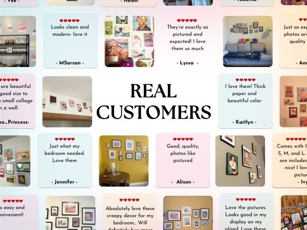 Collage of customer photos and reviews for Victorian Gothic wall art prints.