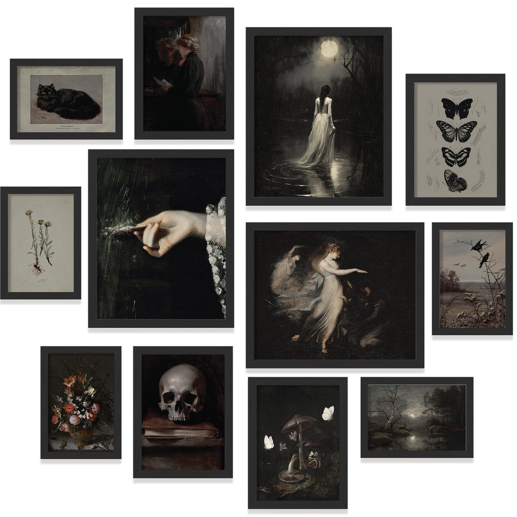 Collage of ten framed Victorian gothic art prints featuring a black cat, two women reading, a woman by a moonlit lake, butterflies, botanical illustration, a hand, a skull on books, a still life with flowers and insects, and a moonlit forest scene.