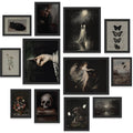 Collage of ten framed Victorian gothic art prints featuring a black cat, two women reading, a woman by a moonlit lake, butterflies, botanical illustration, a hand, a skull on books, a still life with flowers and insects, and a moonlit forest scene.
