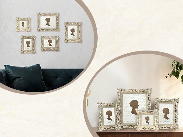 Collection of ornate vintage picture frames with silhouette profiles displayed on a wall and a shelf.