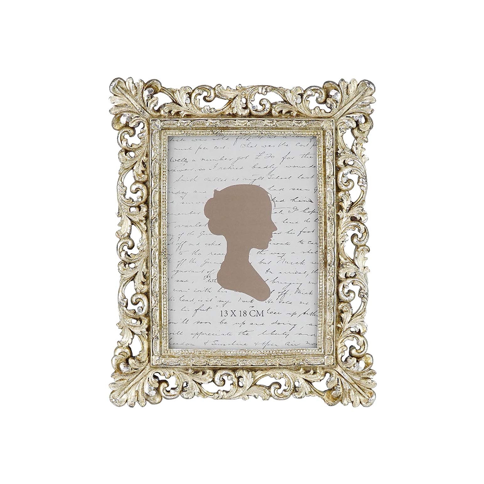 Antique gold ornate picture frame with glass front displaying a silhouette and script background, 13x18 cm size indicated.