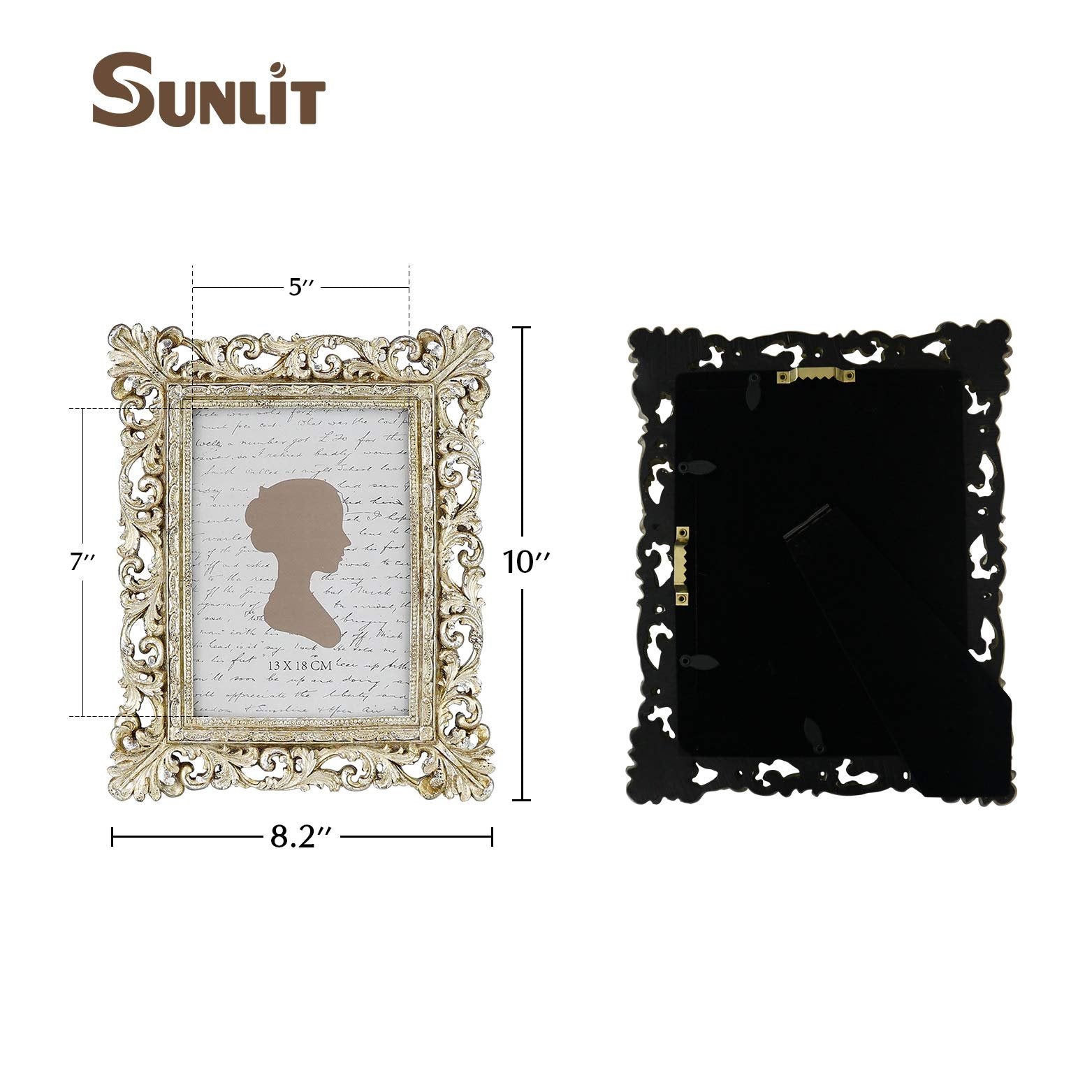 Vintage ornate gold picture frame shown front and back with dimensions labeled.