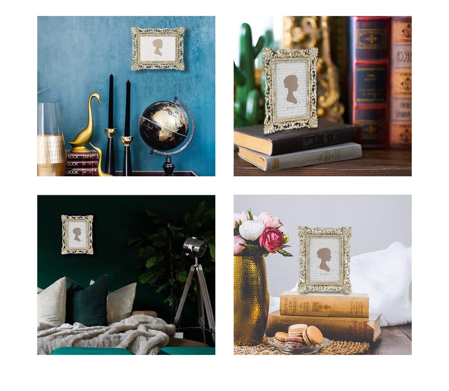 Collage of four lifestyle images showcasing ornate gold picture frames with silhouette inserts, styled in different home decor settings.